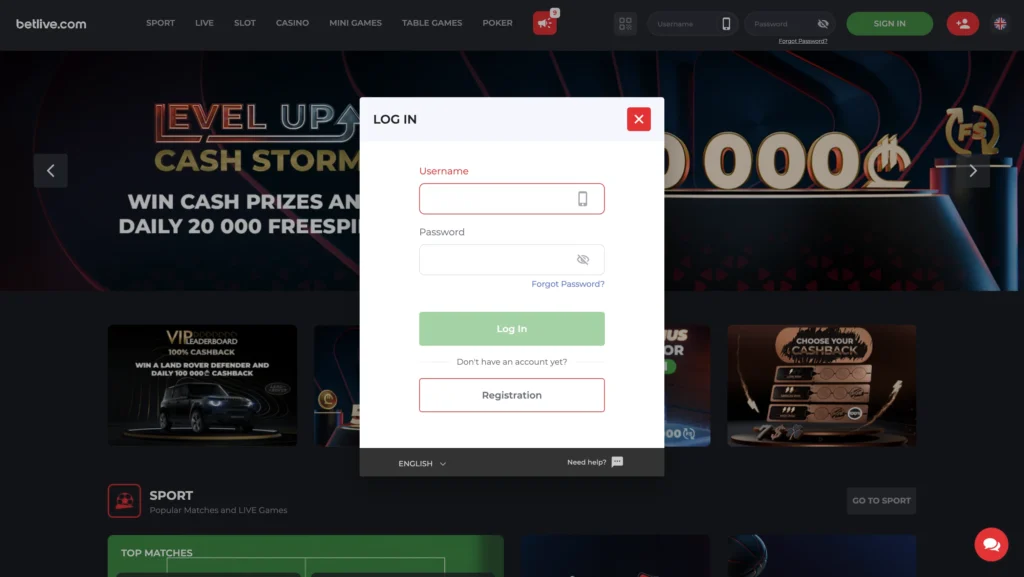 Betlive website showing a login popup with fields for username and password, a login button, a registration option and a password recovery link displayed over the homepage background.